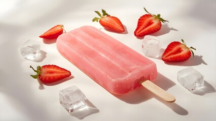 Pastel pink strawberry popsicles with fresh fruit and ice cubes on a soft background, elegant minimal style, refreshing summer concept, ultra-realistic detail, perfect for food and drink advertising.