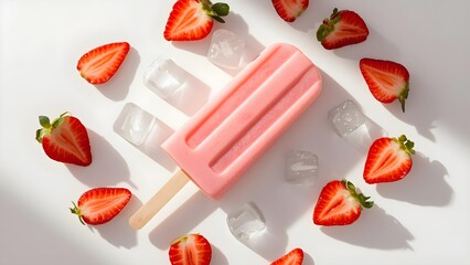 Pastel pink strawberry popsicles with fresh fruit and ice cubes on a soft background, elegant minimal style, refreshing summer concept, ultra-realistic detail, perfect for food and drink advertising.