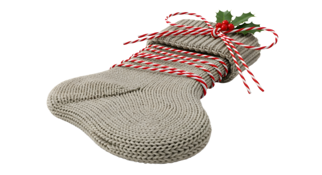 Gift - Knitted Christmas stocking with red and white twine and holly decoration, perfect for holiday decor and gift presentations