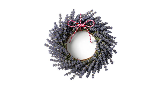 Gift - Lavender wreath with a blank circular tag tied with red and white string on white background, perfect for rustic decor and invitations