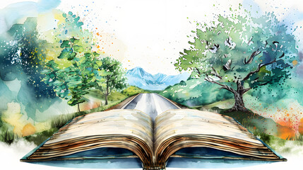 open book turning into a road watercolor art