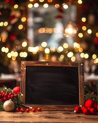 Black chalkboard mockup in restaurant or cafe with Christmas decorations and bokeh lights, blank space for menu or text, festive interior with lights, holiday message. holiday menu board template