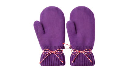 Gift - Pair of purple knitted mittens with red and white bows isolated on white background, perfect for winter fashion and cold weather accessories