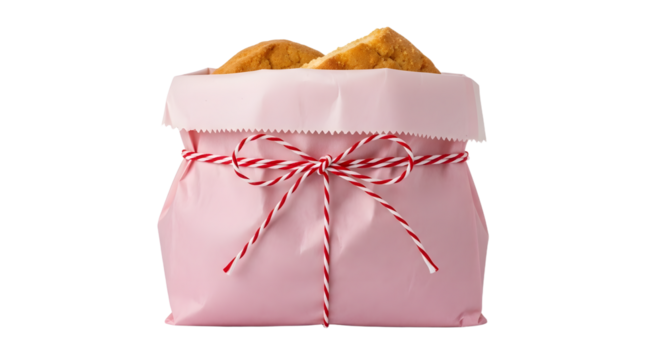 Gift - Pink gift bag with red and white twine filled with golden brown cookies on a white background, perfect for holiday presents