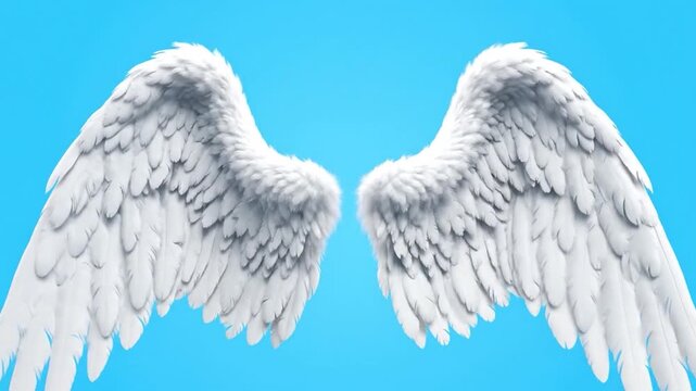 Two symmetrical, white angel wings with soft, feathery textures against a vibrant, light-blue backdrop