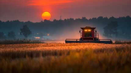 Obraz premium A vibrant sunrise illuminates the red combine harvester working in golden wheat field du harvest time.