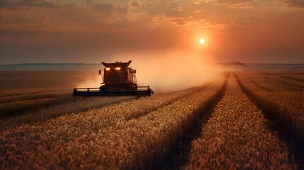 Fototapeta premium A combine harvester cuts ripe wheat stalks in a large open field du a fiery golden sunset harvest.