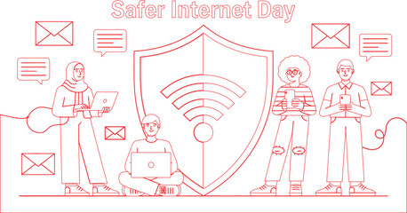 Safer Internet Day Outline People Using Devices with Security Shield and Email Icons Around Them