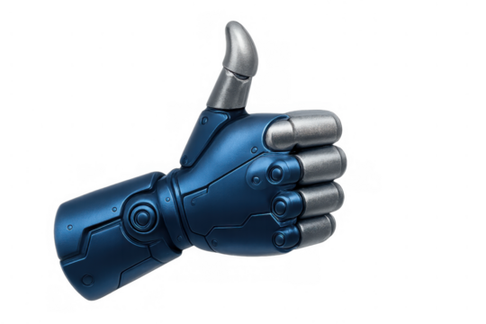 Robot hand making thumbs up gesture showing approval and technology for artificial intelligence concepts