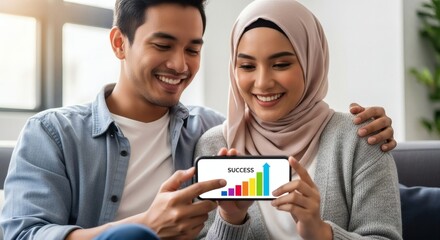 Happy Muslim Couple Looking at Financial Growth Chart on Smartphone.