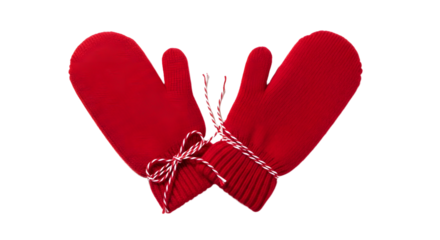 Gift - Red knitted mittens with white and red string tied in bows, winter accessories for cold weather and holiday season