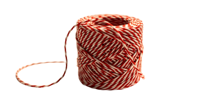 Gift - Red and white striped twine spool isolated on white background, perfect for crafts and gift wrapping