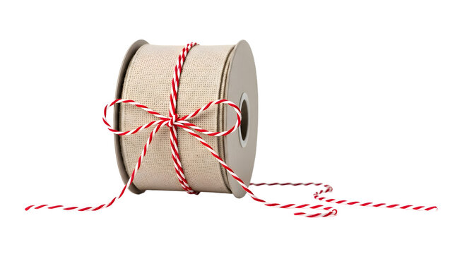 Gift - Roll of beige burlap twine with red and white striped string wrapped around, isolated on white background, perfect for crafts and gift wrapping