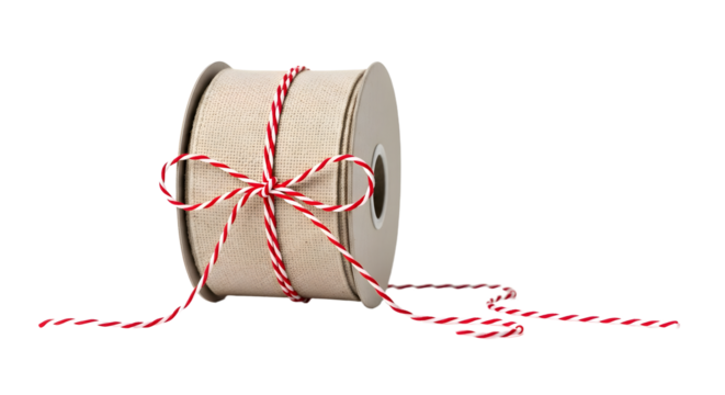 Gift - Roll of beige burlap twine with red and white striped string wrapped around, isolated on white background, perfect for crafts and gift wrapping