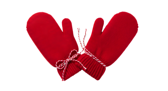 Gift - Red knitted mittens with white and red string tied in bows, winter accessories for cold weather and holiday season