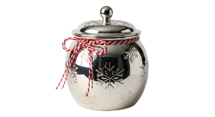Gift - Silver jar with snowflake design and red and white striped string tied around the top, perfect for holiday decorations and winter themes