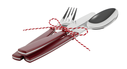 Gift - Silver fork and spoon set with red handles tied together with red and white striped string, isolated on white background, perfect for festive table settings