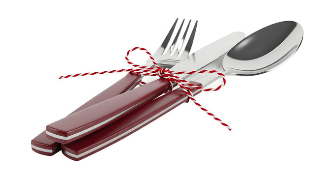 Gift - Silver fork and spoon set with red handles tied together with red and white striped string, isolated on white background, perfect for festive table settings
