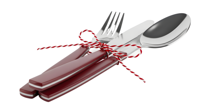 Gift - Silver fork and spoon set with red handles tied together with red and white striped string, isolated on white background, perfect for festive table settings