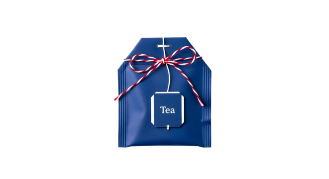 Gift - Single tea bag in blue foil package with red and white string, isolated on white background, ideal for beverage and tea marketing