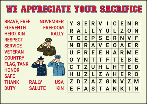 USA Veterans Day Word Search Puzzle Printable Vector, Educational Holiday Activity, School Worksheet, US Military Holiday, Honoring Military Service, Duty, and Sacrifice
