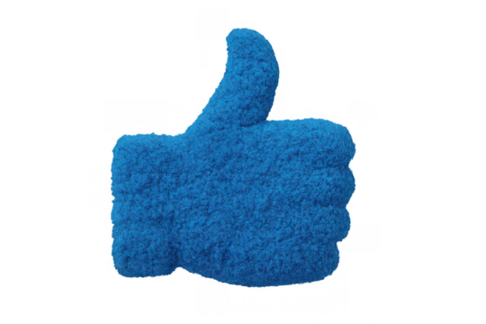 Blue fluffy hand icon forming a thumbs up gesture, symbolizing approval, like, and confirmation on social media platforms