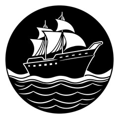 Stylized vintage sailing ship with full sails on choppy ocean waves isolated on white background isolated on transparent background