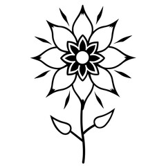 Stylized black line art flower with multiple petals and leaves isolated on white background isolated on transparent background