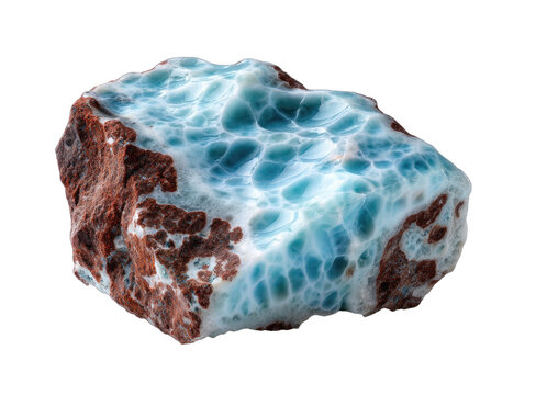 Rough, unpolished piece of blue larimar mineral with reddish-brown matrix, isolated on a white background.