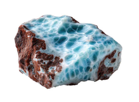 Rough, unpolished piece of blue larimar mineral with reddish-brown matrix, isolated on a white background.
