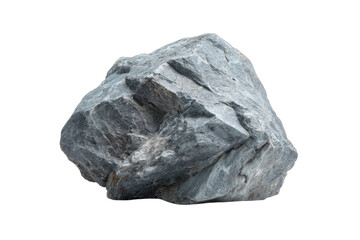 Close-up of a rough, gray rock with a textured surface, isolated on white.