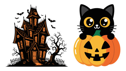 Haunted Mansion and Black Cat in Jack O Lantern Halloween
