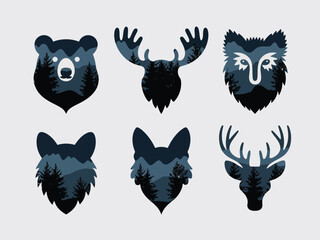 Fototapeta premium Forest filled animal silhouettes woodland creatures nature bear moose