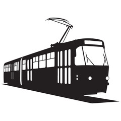 Silhouette of a classic electric tram on tracks
