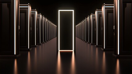 Rows of dark illuminated doorways line a futuristic corridor leading to a bright glowing portal