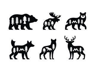 Fototapeta premium Forest wildlife silhouettes with nature scenes inside bear moose