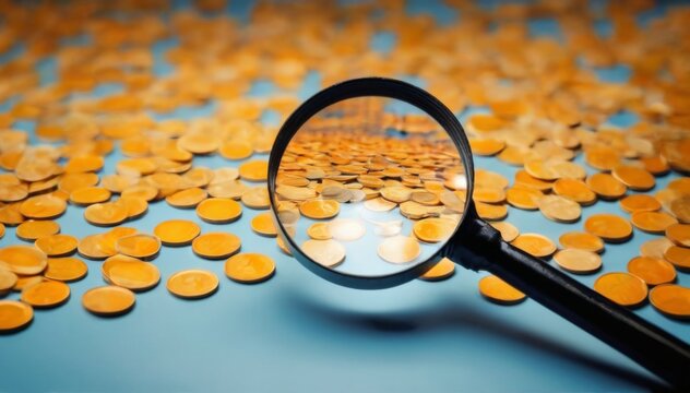 Magnifying Glass Over Scattered Orange Coins on Blue Surface with Depth and Mystery Concept