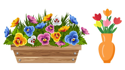 Wooden Planter Box Filled With Pansies And Tulips In Vase