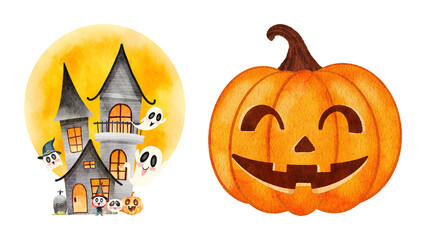 Watercolor Halloween Scene with Haunted House and Jack O Lantern