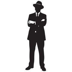Silhouette of a man in a suit and hat with arms crossed