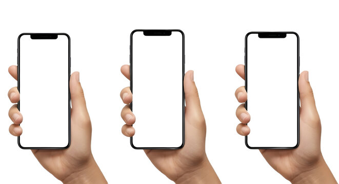 Hand holding smartphone with blank white screen on white background