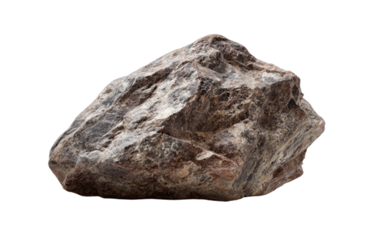 A single, rough, dark grey rock with an irregular shape and textured surface, isolated on a white background.