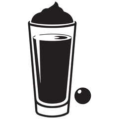 Tall glass of dark liquid topped with whipped cream and a small sphere