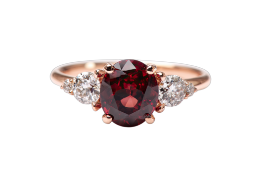 An elegant rose gold ring featuring a large oval-cut red gemstone flanked by sparkling diamond accents on a white background.
