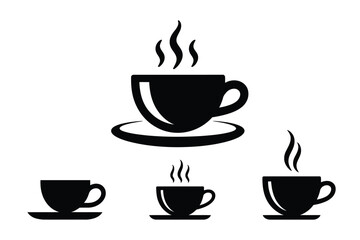 Obraz premium Four black coffee cups with steam saucer