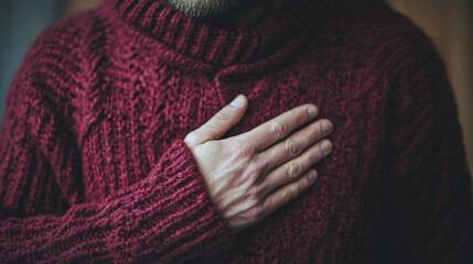 A hand over the chest conveys heartfelt emotion sincerity and compassion symbolizing empathy gratitude and the deep human connection of feeling and personal expression