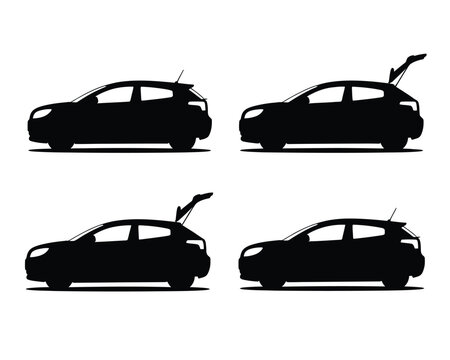 Four black hatchback car silhouettes with open trunks automobile