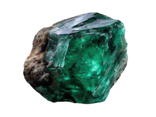 A raw, uncut emerald gemstone with its natural rock matrix, isolated on a clean white background.
