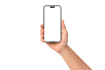 A hand showing a modern premium smartphone with a blank screen, isolated on transparent PNG.