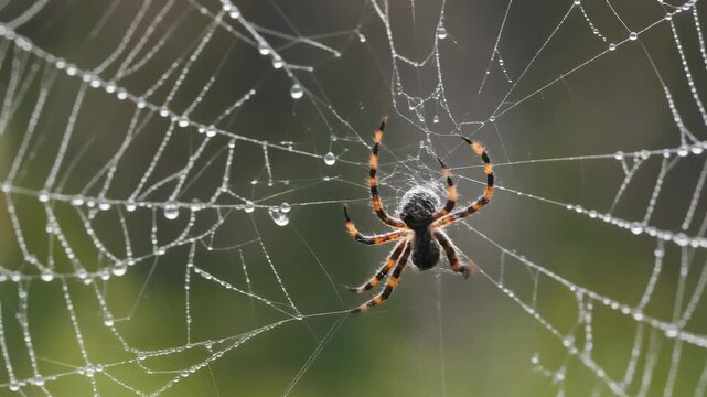 A spider weaving a web covered in morning